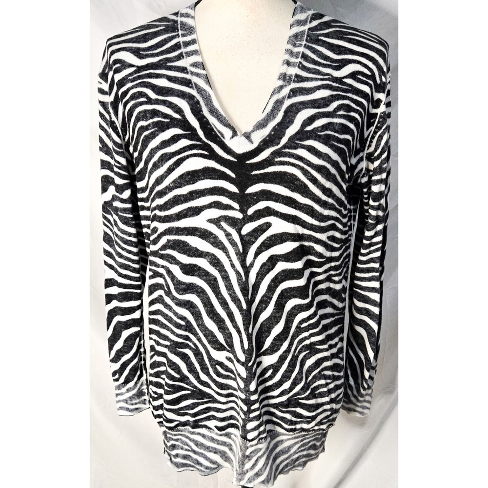 Michael Kors Zebra Animal Print Sweater V Neck Black White Knit Stripe